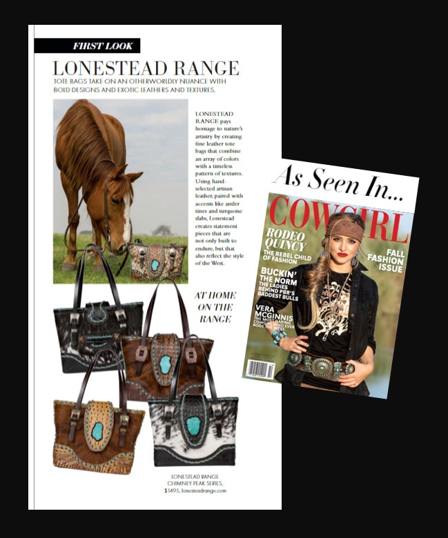 As seen in Cowgirl Magazine The Chimney Peak Collection is a distinctively handcrafted luxury tote bag of genuine leather and cowhide which embodies the lifestyle of the iconic West